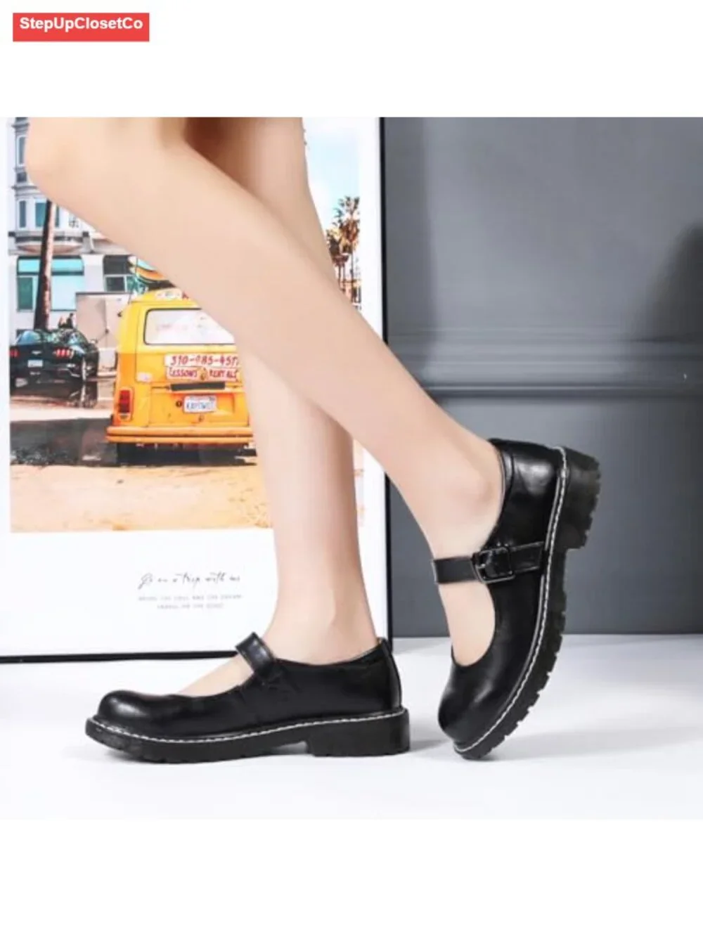 XMM Mary Jane Shoes Women Oxfords Leather Round Toe Flats Non-Slip Ankle Buckle